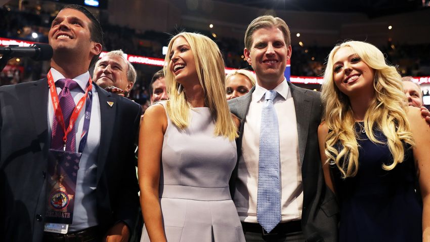 Donald Trump Jr. (L), along with Ivanka Trump (C), Eric Trump (2nd-R) and Tiffany Trump (R), take part in the roll call in support of Republican presidential candidate Donald Trump on the second day of the Republican National Convention on July 19, 2016 at the Quicken Loans Arena in Cleveland, Ohio.