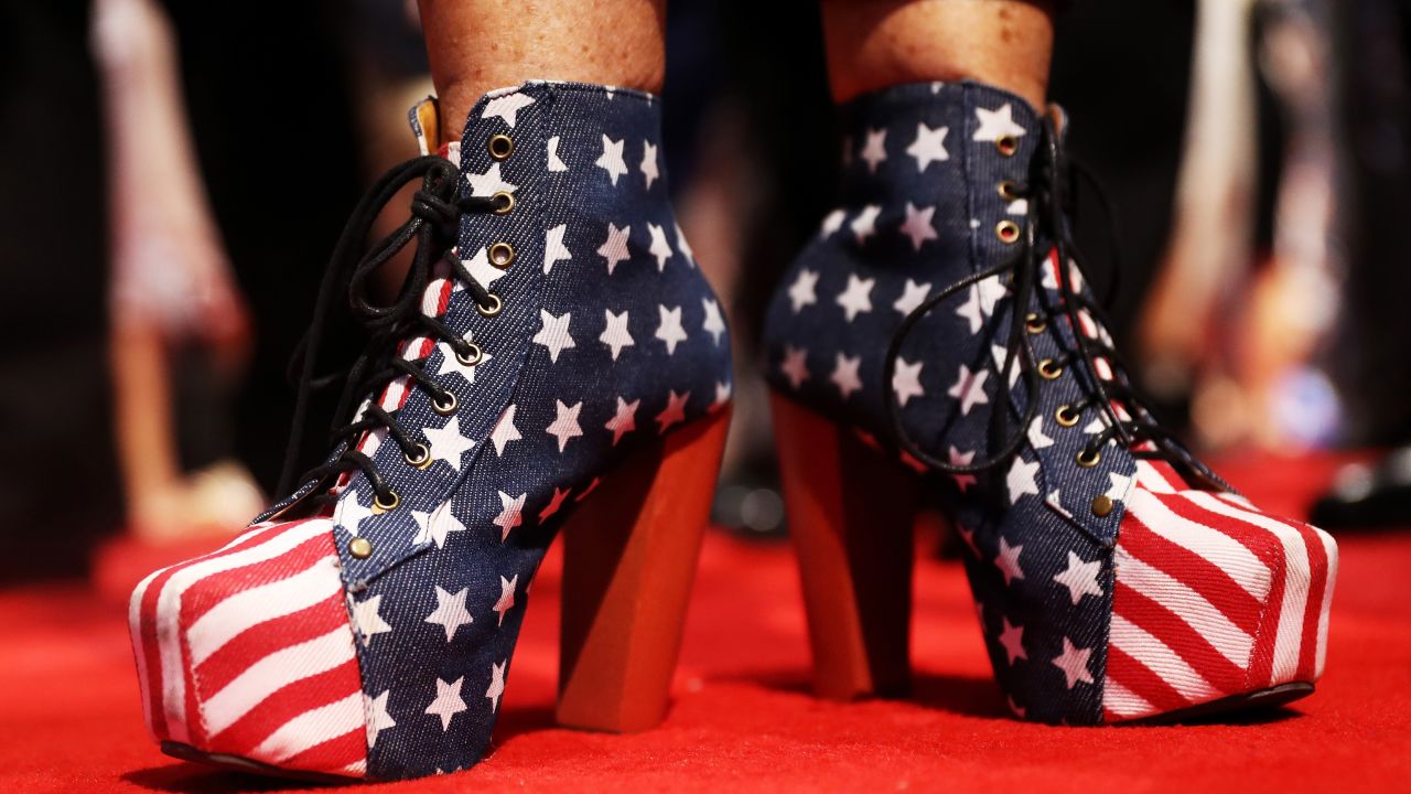 A convention attendee wears American-themed shoes on Tuesday.