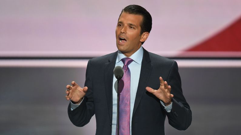Donald Trump Jr. delivers a speech Tuesday. "We need to elect a man who has a track record of accomplishing the impossible," he said of his father.