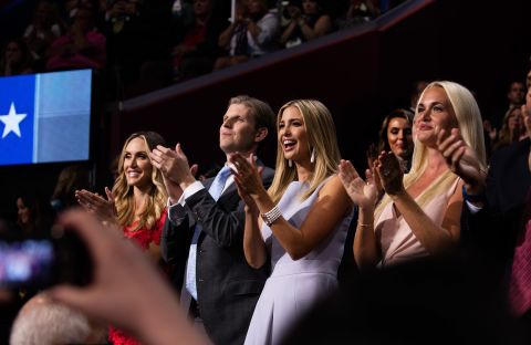 Members of the Trump family watch as Donald Trump Jr. gives his speech.