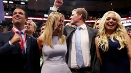 CLEVELAND, OH - JULY 19:  Donald Trump Jr. (L), along with Ivanka Trump (2nd-L), Eric Trump (2nd-R) and Tiffany Trump (R), take part in the roll call in support of Republican presidential candidate Donald Trump on the second day of the Republican National Convention on July 19, 2016 at the Quicken Loans Arena in Cleveland, Ohio. An estimated 50,000 people are expected in Cleveland, including hundreds of protesters and members of the media. The four-day Republican National Convention kicked off on July 18.  (Photo by Joe Raedle/Getty Images)
