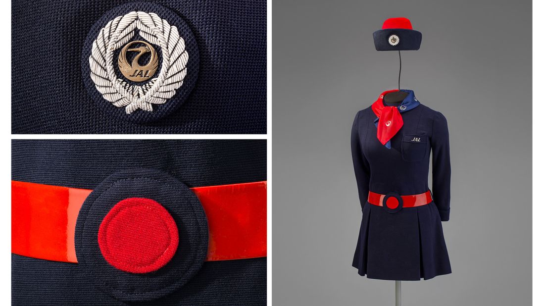 Designed by Hanae Mori, this 1970 Japan Airlines uniform pays homage to two of Japan's national symbols. The hat features a crane motif while the belt invokes the rising sun. 