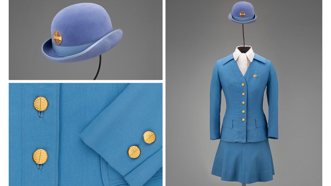 Inspired by an English-style riding habit, this 1971 Pan Am outfit aimed to be both functional and fashionable with a uniform that could be worn in all seasons. 