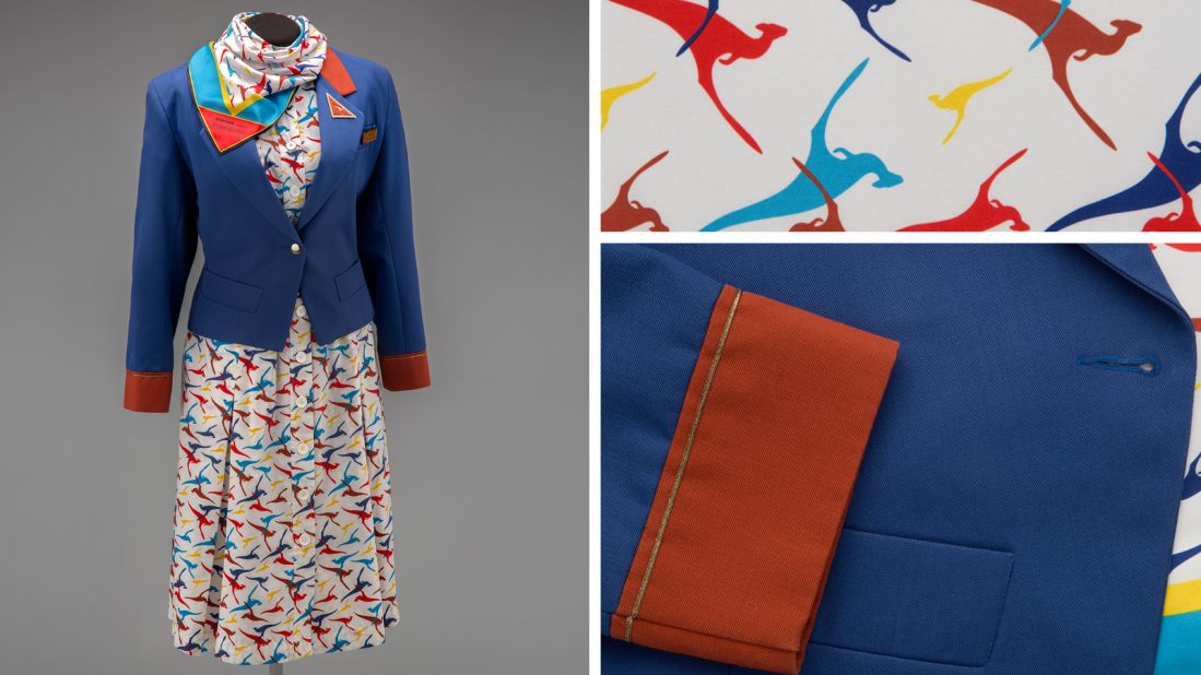 The era of shoulder pads and power suits is celebrated by Yves Saint Laurent in this 1986 jacket-dress combo with kangaroo print for Qantas Airways. 