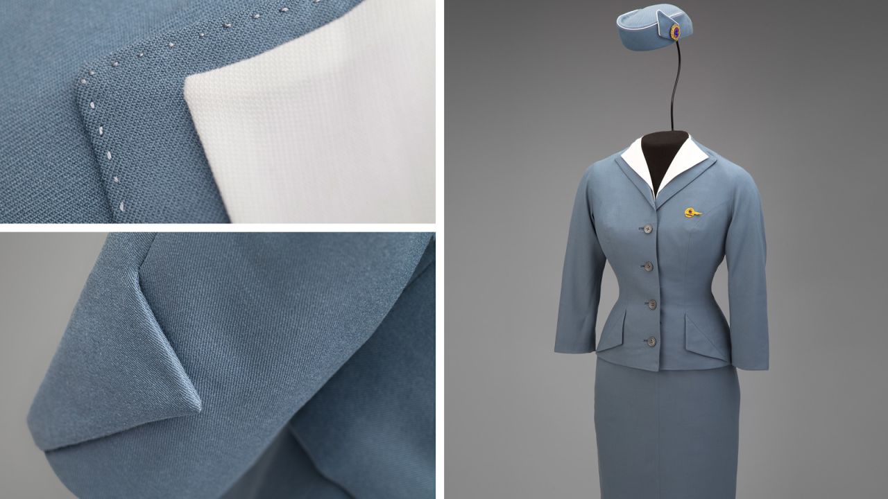 This 1959 piece by Hollywood designer Don Loper for Pan Am celebrates the Jet Age with sharp, angular detailing.  