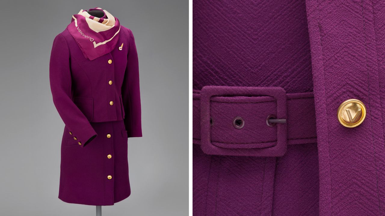 This 1971 polyester knit dress for TWA was designed by Valentino -- just in case you missed the branding on the scarf. 