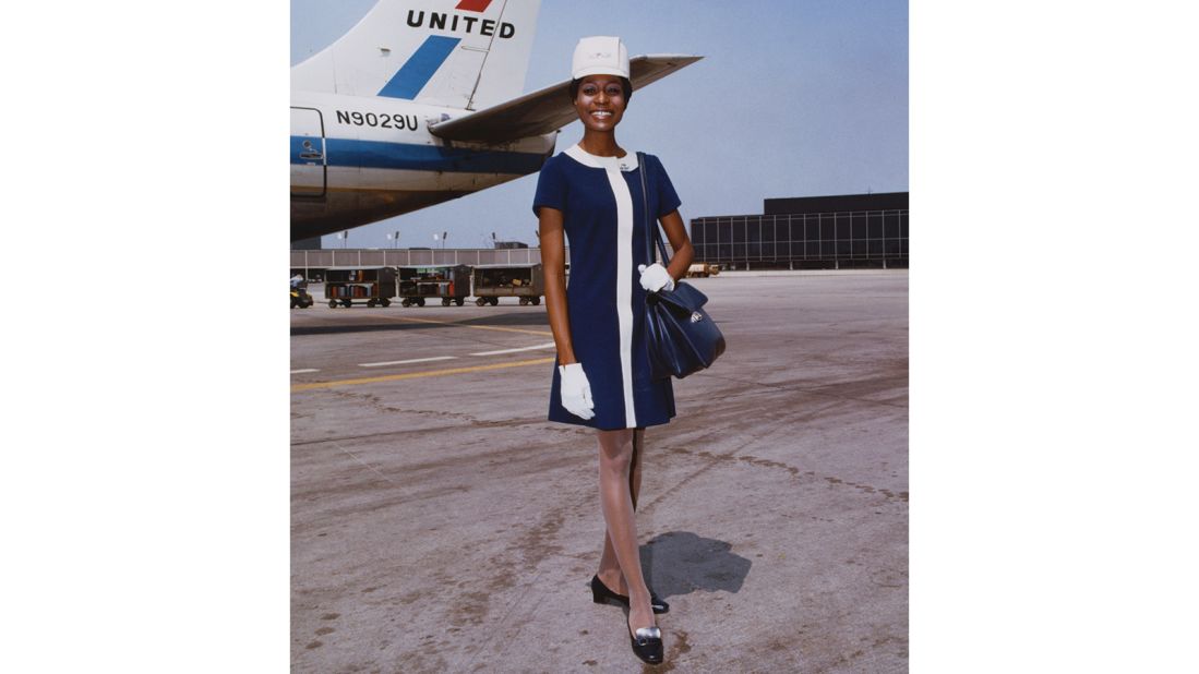 This United Airlines uniform designed by Hollywood costumer Jean Louis was made in double-knit wool and in a tighter fit. These 1968 dresses came in two colors: Hawaiian Sunset and Maliblue. 