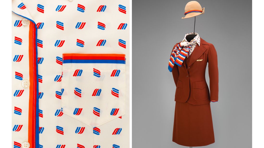 This polyester three-piece suit from 1976 had a Western flavor and a blouse checkered with the United Airlines logo. 