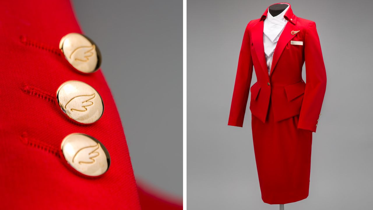 Dame Vivienne Westwood brought her aesthetic to Virgin Atlantic in 2014 with this scarlet tailored suit with bold gold buttons, complete with wing insignia. 