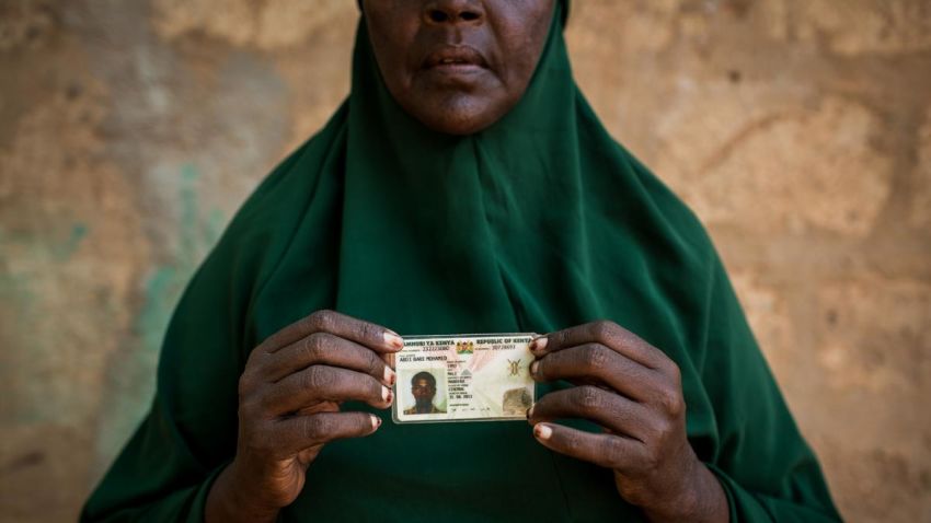 Zeinab Bulley Hussein holding the national identity card of her son, Abdi Bare Mohamed. Community members stumbled on Abdi Bare's dead body 18 kilometers from Mandera, in northeastern Kenya, three weeks after police officers arrested him outside the family's home in August 2015.