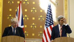 LONDON, ENGLAND - JULY 19: Britain's Foreign Secretary Boris Johnson (L) speaks during a press conference with U.S. Secretary of State John Kerry  at the Foreign and Commonwealth Office on July 19, 2016 in London, England. The Foreign Secretary met with John Kerry to discuss the importance of the 'Special Relationship' after the UK voted to leave the EU in the June referendum.  (Photo by Kirsty Wigglesworth - WPA Pool / Getty Images)