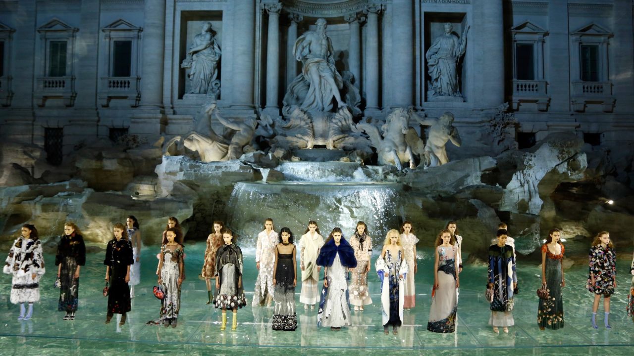 ROME, ITALY - JULY 07:  Models walk the runway at Fendi Roma 90 Years Anniversary fashion show at Fontana di Trevi on July 7, 2016 in Rome, Italy.  (Photo by Victor Boyko/Getty Images )