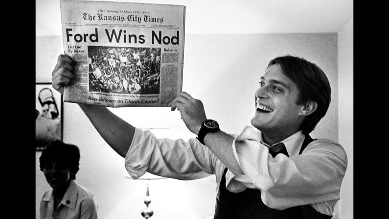 Ford's son Jack holds up a newspaper hailing his father's victory over Reagan.