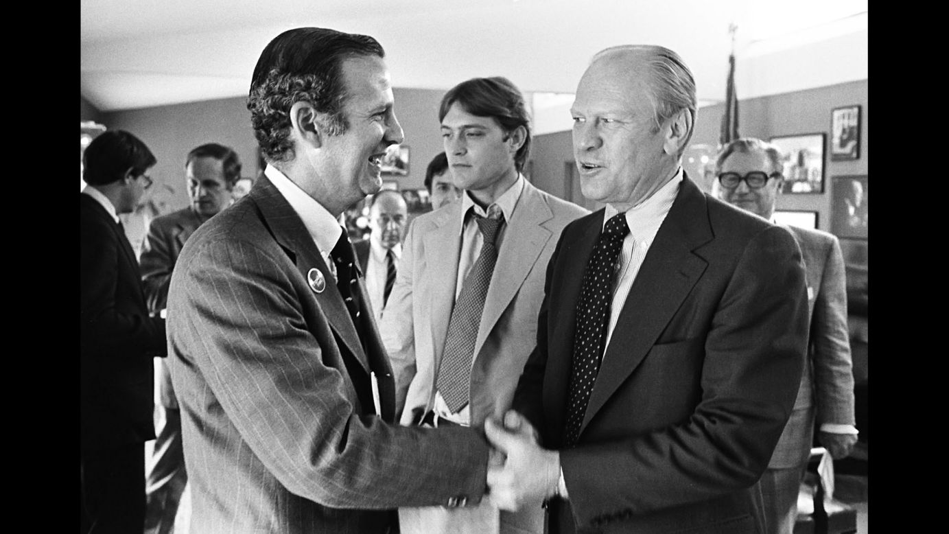 Ford congratulates James Baker for successfully overseeing his delegate hunt. Later in his career, Baker would become White House chief of staff for two other Republican Presidents. He was also treasury secretary under Ronald Reagan and secretary of state under George H.W. Bush.