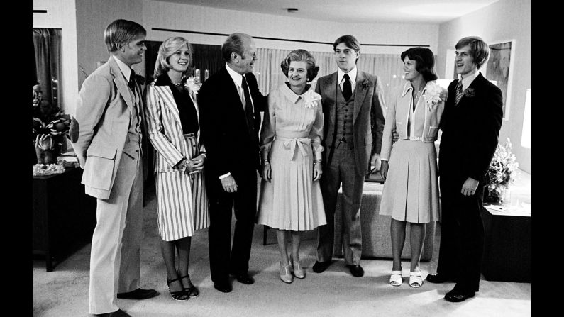 The Ford family gathers backstage before the President accepted the nomination on the final night of the convention. From left are Steve Ford, Susan Ford, President Ford, Betty Ford, Jack Ford, Gayle Ford, and Mike Ford.