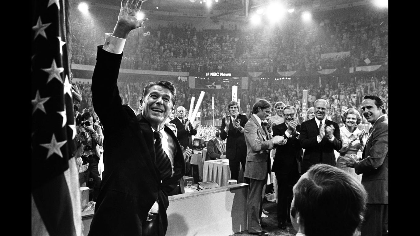 Ford and Reagan share the spotlight at the end of the convention. Reagan would win the nomination four years later and defeat Jimmy Carter in the general election.