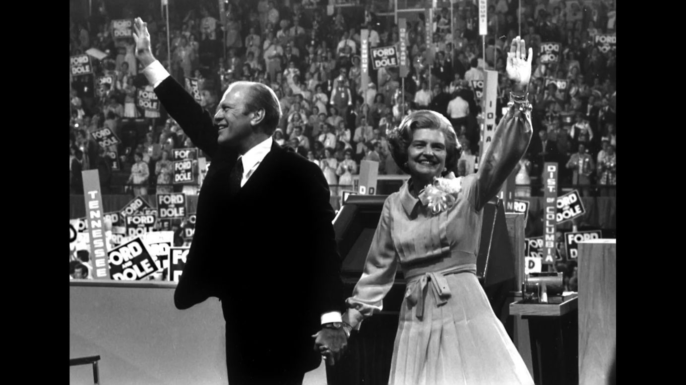 Ford and his wife wave to the crowd after accepting the nomination. Ford went on to lose a close election that year to Carter.
