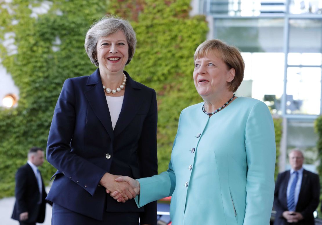 German Chancellor Angela Merkel welcomes British Prime Minister Theresa May in Berlin.