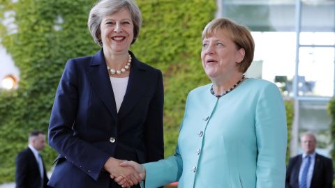 German Chancellor Angela Merkel welcomes British Prime Minister Theresa May in Berlin.