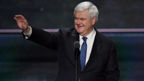 Former Speaker of the US House of Representatives Newt Gingrich arrives to speak on the third day of the Republican National Convention in Cleveland, Ohio, on July 20, 2016.