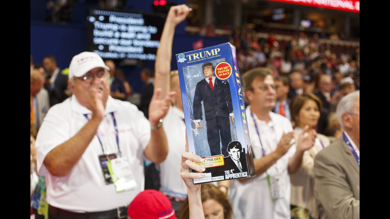A Florida delegate holds up a Donald Trump doll during the event.