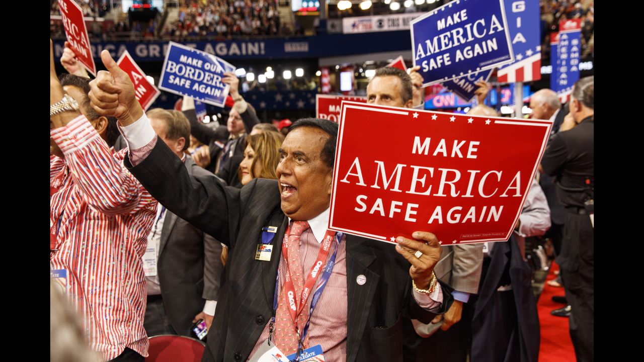 A California delegate gives a thumbs-up on the opening day of the convention.