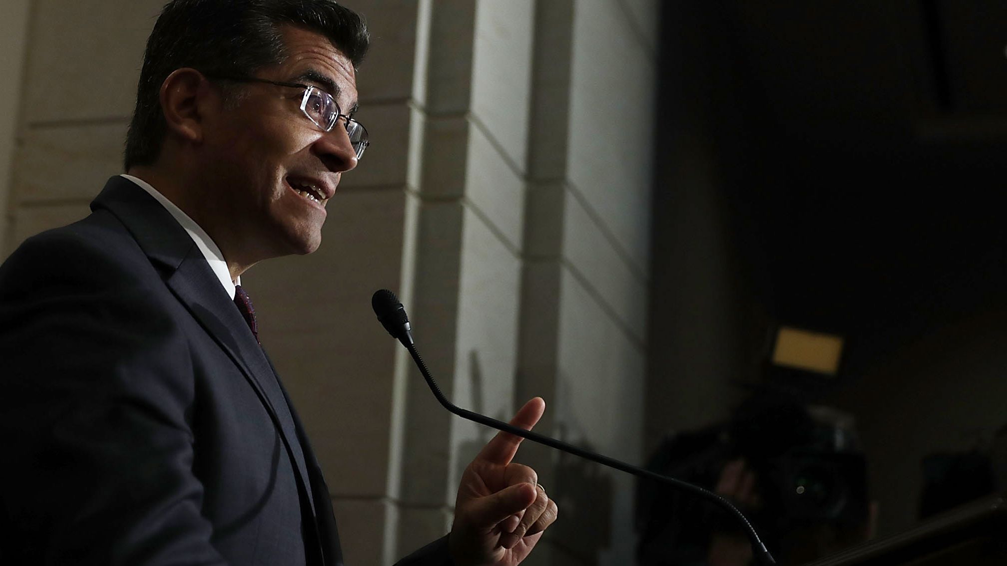 In this June 22, 2016, file photo, then-Rep. Xavier Becerra speaks to members of the media  on Capitol Hill.