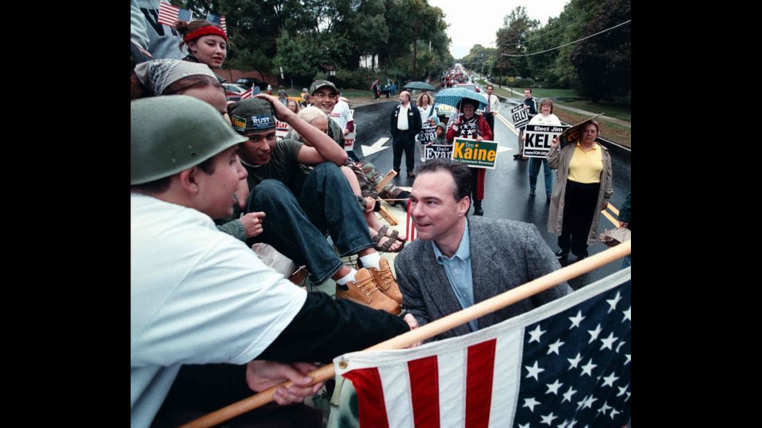 Kaine greets people at a Herndon, Virginia, homecoming parade on October 6, 2001. He was mayor of Richmond at the time and running for lieutenant governor.