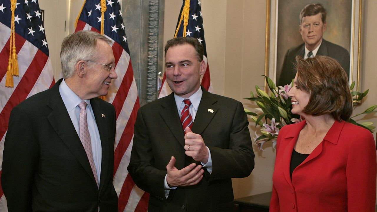Kaine talks on Capitol Hill with Senate Minority Leader Harry Reid and House Minority Leader Nancy Pelosi in 2006.