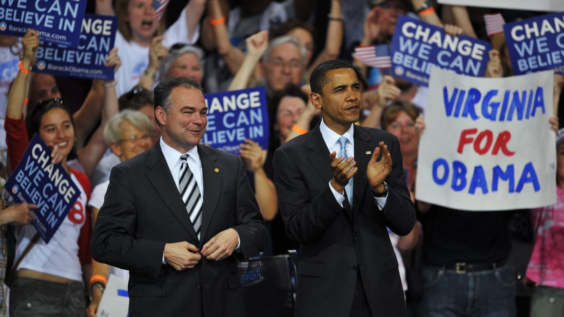 Obama and Kaine applaud as U.S. Sen. Jim Webb speaks at a rally in Bristow, Virginia, in 2008.