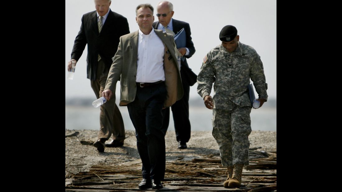 In 2008, Kaine gives a guided tour of the grounds at Fort Monroe in Hampton, Virginia.