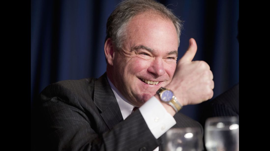 Kaine gives a thumbs-up at the National Prayer Breakfast in February.