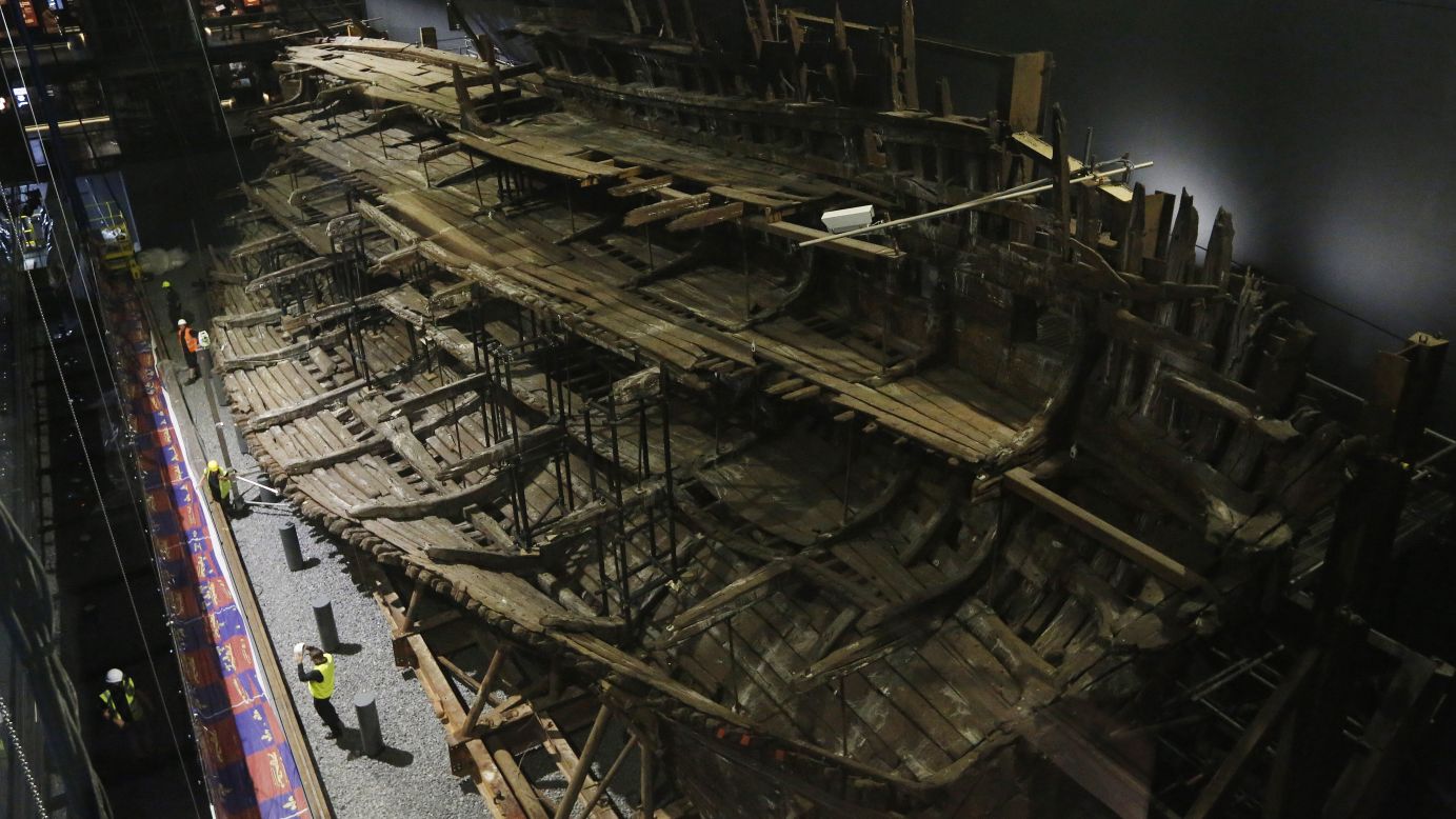 Henry VIII's warship, the Mary Rose, is seen after a revamp Tuesday, July 19, in Portsmouth, England. The ship, which sank in 1545, was raised from the Solent strait in 1982.
