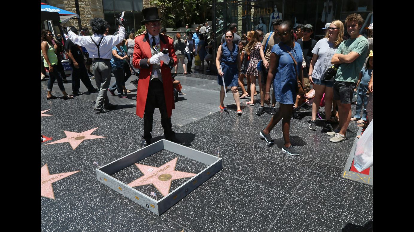 A tiny wall <a href="http://www.cnn.com/2016/07/20/politics/donald-trump-hollywood-walk-of-fame-star/index.html" target="_blank">was placed around Donald Trump's star</a> on the Hollywood Walk of Fame on Tuesday, July 19, the day he became the Republican Party's presidential nominee. The wall, complete with barbed wire and "Keep Out" signs, was constructed by popular Los Angeles street artist Plastic Jesus. The wall alludes to one of Trump's most controversial proposals -- the erection of a wall at the U.S./Mexico border.