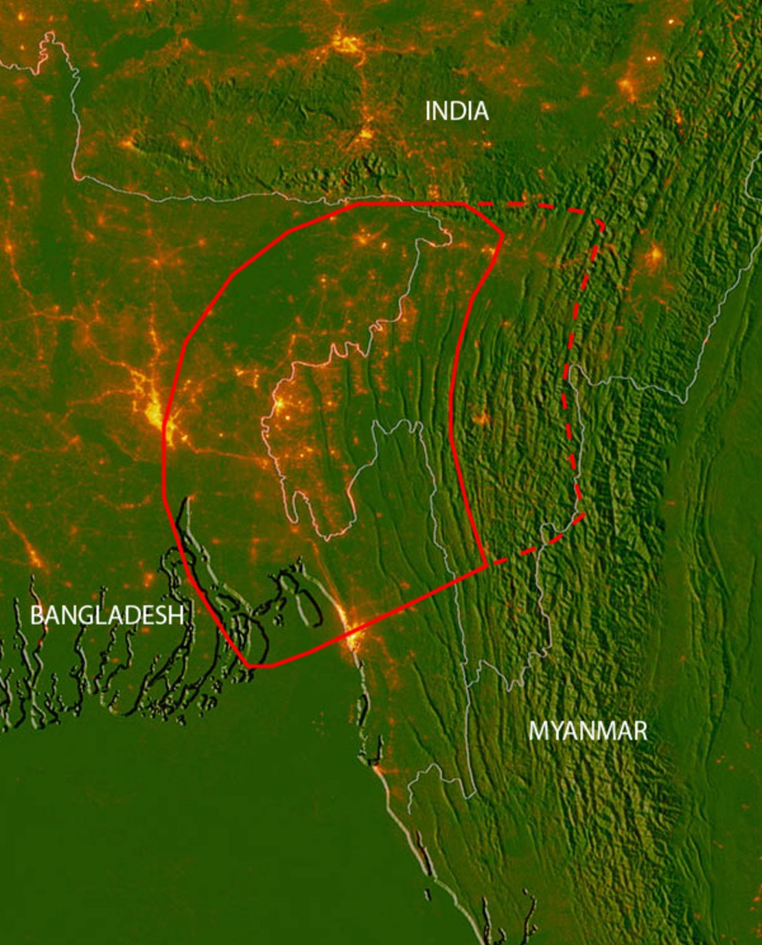 This map shows the position of the hidden fault lines in red. The base map includes city lights to show the location of major population centers. 