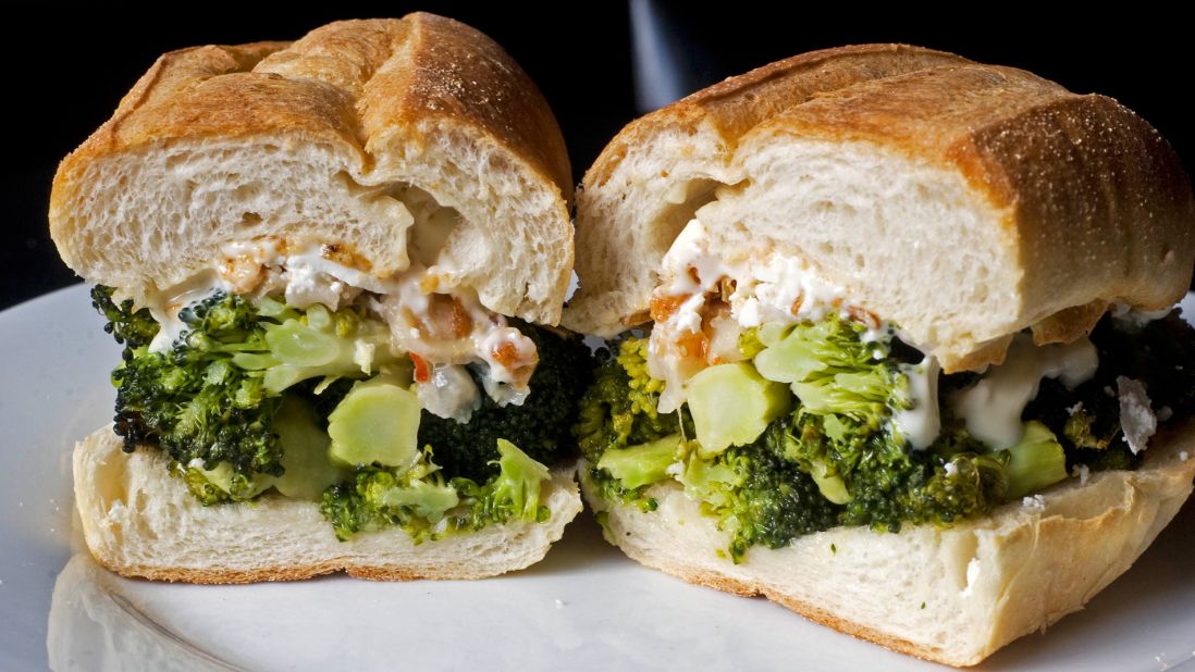 No. 7's Broccoli Classic features roasted broccoli, feta cheese, fried shallots, mayo and a touch of lychee. 