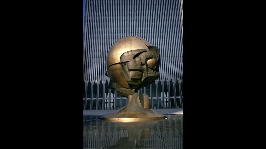 Sculpture by Fritz Koenig entitled "The Sphere" in main plaza of the World Trade Center towers in 1976.