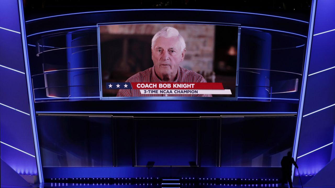 Legendary basketball coach Bob Knight delivers a video message to the crowd at Quicken Loans Arena.