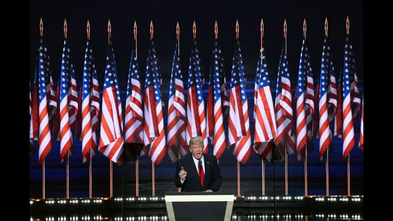 Trump, like many of the convention's speakers this week, went after Hillary Clinton, the Democratic Party's presumptive nominee. "Big business, elite media and major donors are lining up behind the campaign of my opponent because they know she will keep our rigged system in place," he said. "They are throwing money at her because they have total control over everything she does. She is their puppet, and they pull the strings."