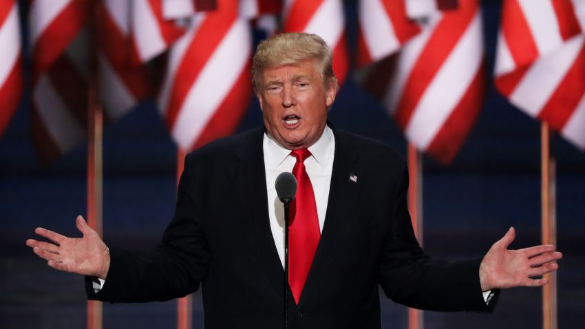 CLEVELAND, OH - JULY 21:  Republican presidential candidate Donald Trump delivers a speech during the evening session on the fourth day of the Republican National Convention on July 21, 2016 at the Quicken Loans Arena in Cleveland, Ohio. Republican presidential candidate Donald Trump received the number of votes needed to secure the party's nomination. An estimated 50,000 people are expected in Cleveland, including hundreds of protesters and members of the media. The four-day Republican National Convention kicked off on July 18.  (Photo by Alex Wong/Getty Images)