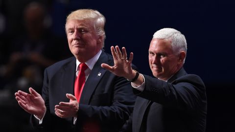 Trump and Pence acknowledge the audience after Trump's speech.