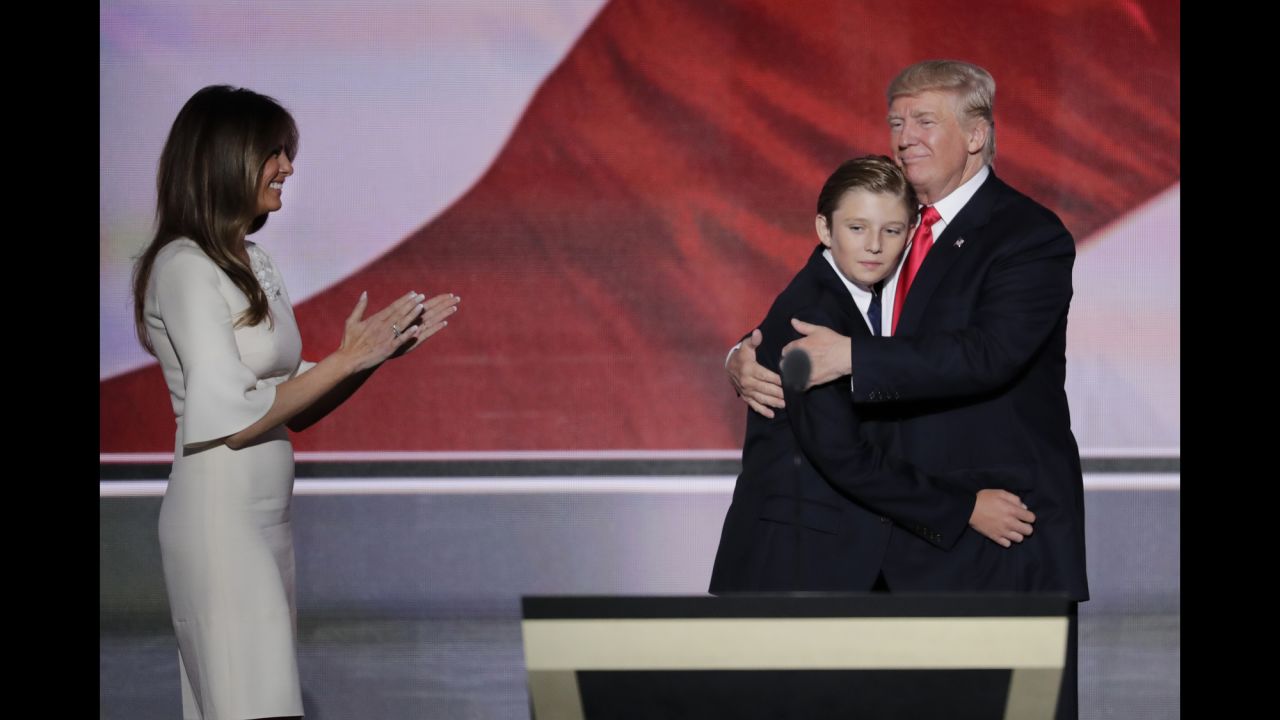 Trump hugs his son Barron after his address, which lasted well over an hour.