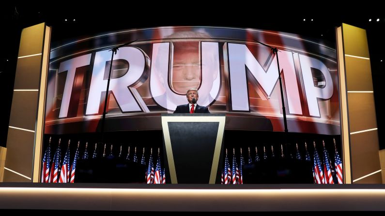 Donald Trump, the Republican Party's presidential nominee, delivers a speech Thursday at the Republican National Convention in Cleveland. "I have had a truly great life in business," he said. "But now, my sole and exclusive mission is to go to work for our country -- to go to work for you. It's time to deliver a victory for the American people."