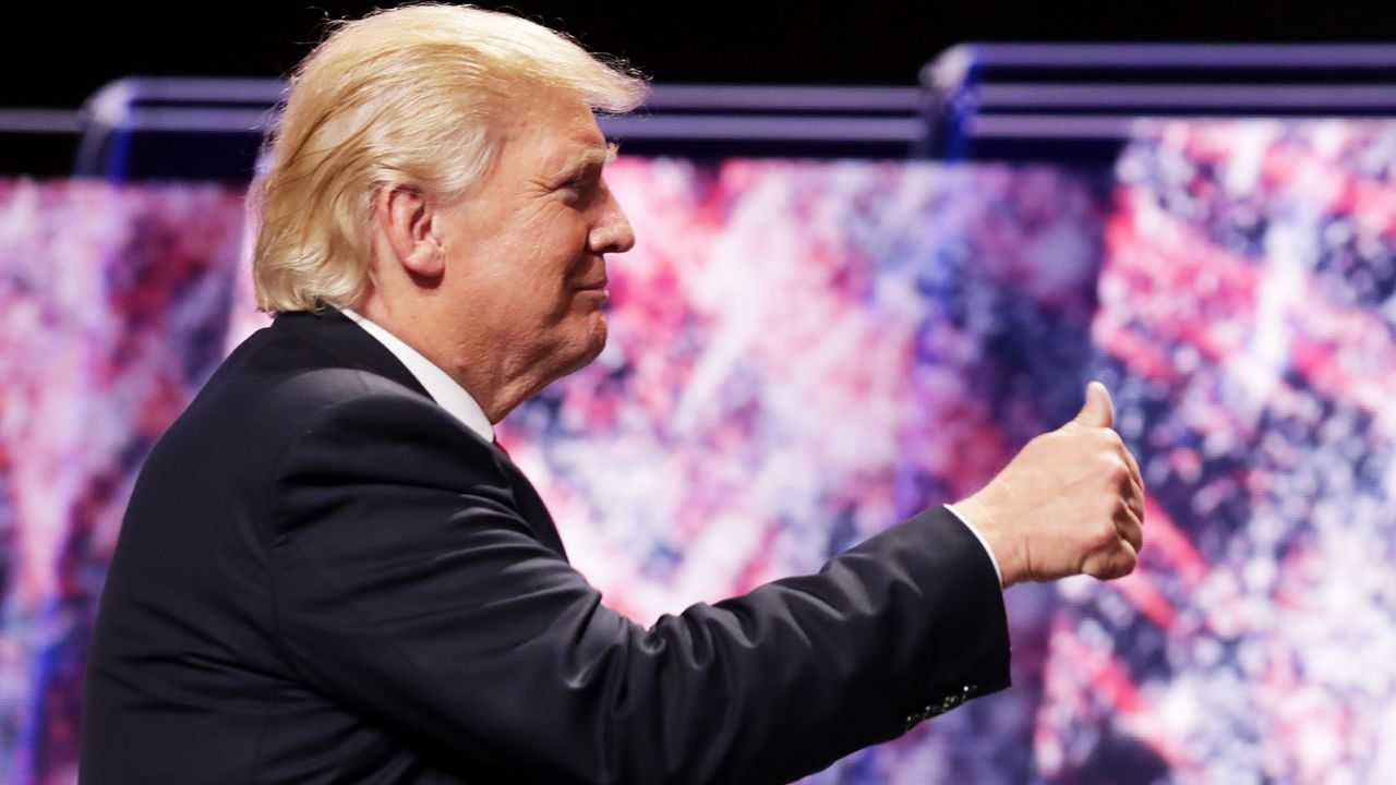 Donald Trump acknowledges the crowd at the end of the Republican National Convention on July 21, 2016 at the Quicken Loans Arena in Cleveland, Ohio.