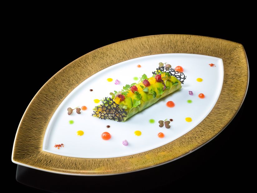 So what does it take to snag three stars? Dishes like this -- king crab and avocado cannelloni with citrus and vanilla. 