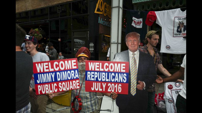 A cut-out of Donald Trump seems to welcome Republicans to the Republican National Convention in Cleveland. CNN sent photographer <a href="index.php?page=&url=http%3A%2F%2Fwww.petervanagtmael.net%2F" target="_blank" target="_blank">Peter van Agtmael</a> into the crowds of downtown Cleveland to get a handle on what it's like away from the politicians and delegates.