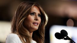 Melania Trump, wife of Presumptive Republican presidential nominee Donald Trump, delivers a speech on the first day of the Republican National Convention on July 18, 2016 at the Quicken Loans Arena in Cleveland, Ohio. An estimated 50,000 people are expected in Cleveland, including hundreds of protesters and members of the media. The four-day Republican National Convention kicks off on July 18.