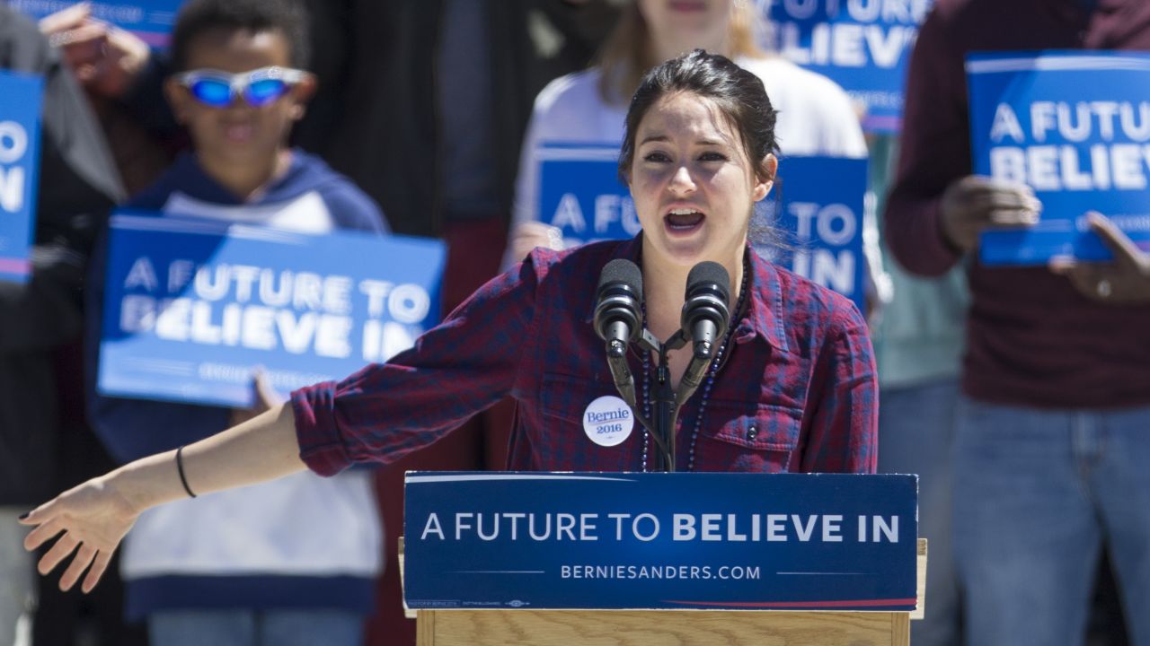 Woodley speaks to the crowd at a Sanders rally at Roger Williams Park on April 24, 2016 in Providence, Rhode Island.