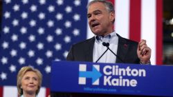Democratic vice presidential candidate U.S. Sen. Tim Kaine (D-VA) speaks alongside Democratic presidential candidate former Secretary of State Hillary Clinton during a campaign rally at Florida International University Panther Arena on July 23, 2016 in Miami, Florida.