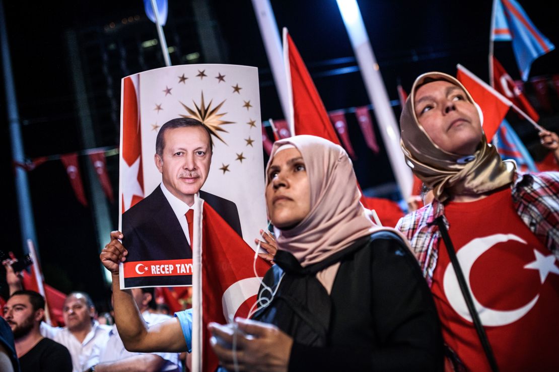 Women attend a pro-Erdogan rally in Istanbul on July 22, 2016, following the failed military coup.